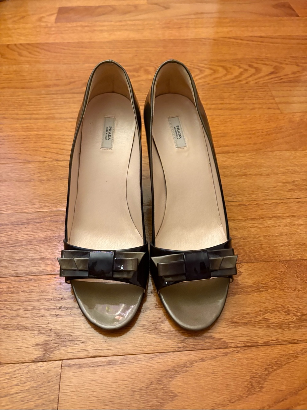 Prada Black/Grey Vinyl Bow Peep-Toe Heels